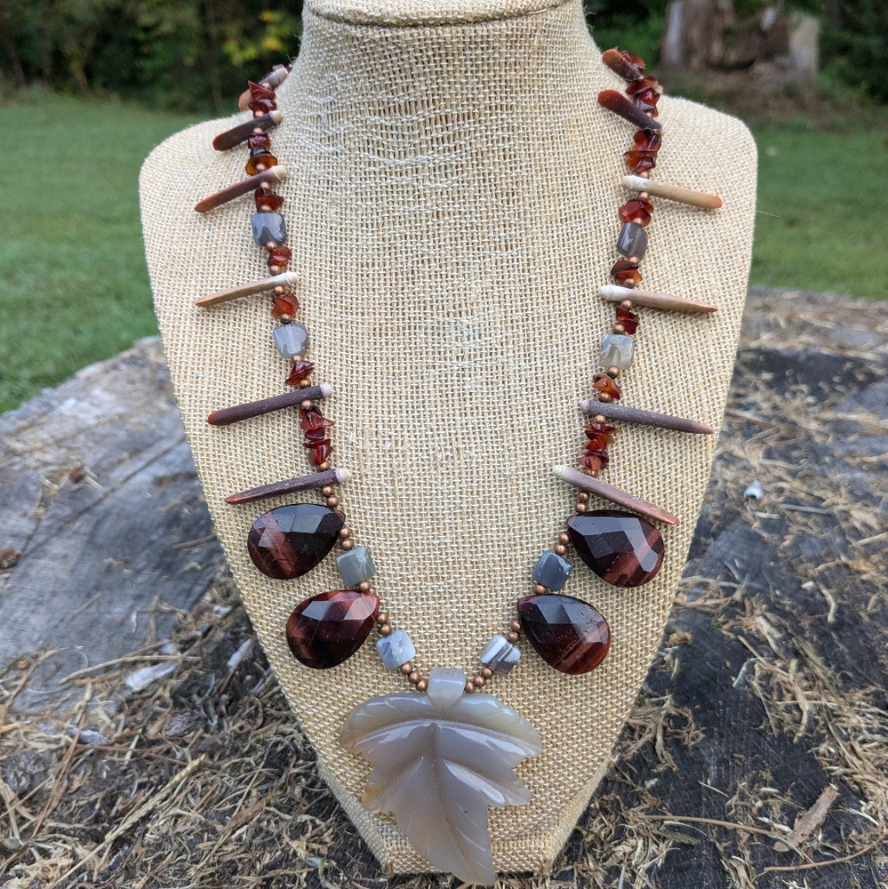Large Agate Leaf and Tiger Eye Fall Necklace